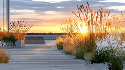 Serene Sunset Rooftop Garden Ornamental Grasses and White Flowers at Golden Hour