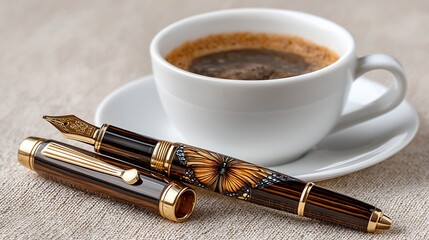 Elegant Butterfly Design Fountain Pen Coffee Cup Still Life Luxury Writing Instrument