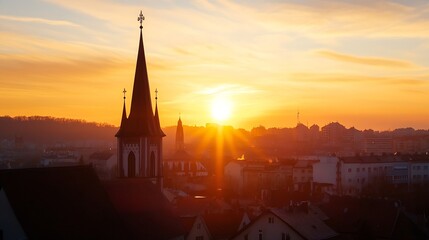 Naklejka premium Golden sunset cityscape with church spires silhouetted against a vibrant orange sky, showcasing a tranquil urban scene at dusk. : Generative AI