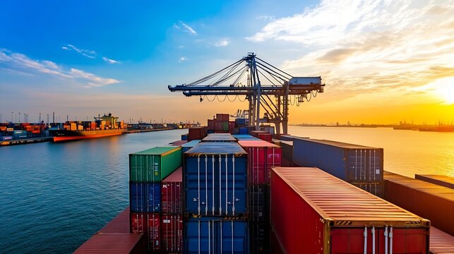 Sunset over a busy container port, showcasing a cargo ship loaded with colorful shipping containers and a large crane silhouetted against the vibrant sky. : Generative AI