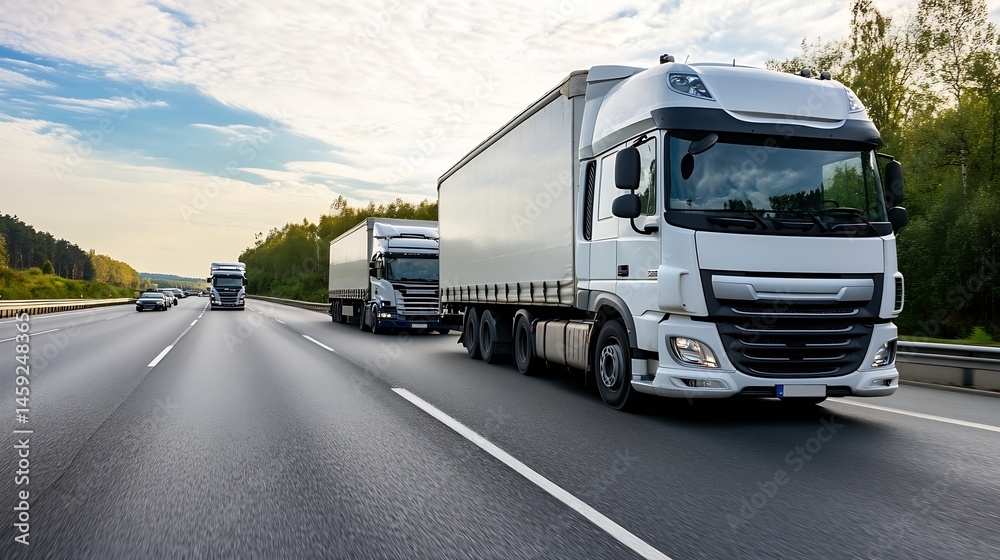 Poster three white semi-trucks drive down a highway, surrounded by lush green trees under a partly cloudy s
