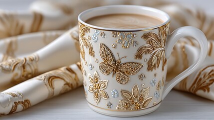 Elegant Gold Butterfly Decorated Coffee Mug with Creamy Latte Luxury Table Setting