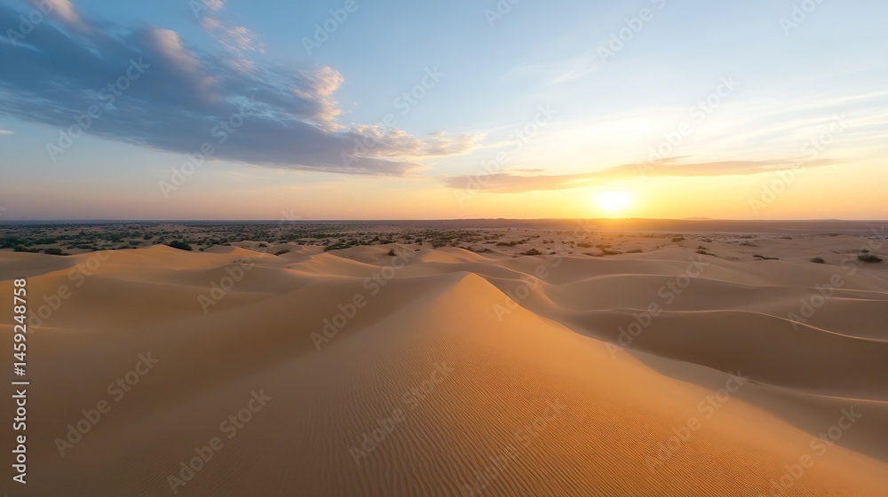Poster Golden sunset casts long shadows across undulating sand dunes in a vast desert landscape, creating a serene and peaceful atmosphere. : Generative AI