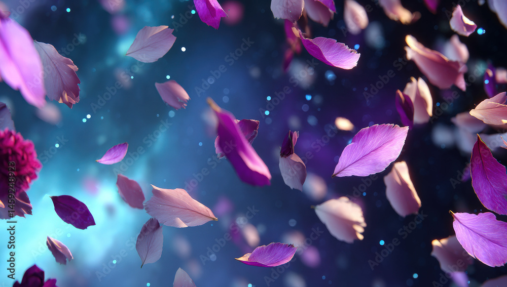 Poster falling purple and pink petals float on a dark blue background creating a dreamy ethereal atmosphere