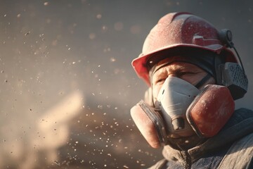Fototapeta premium A construction worker wearing a protective mask and helmet stands amidst flying dust particles at a worksite.