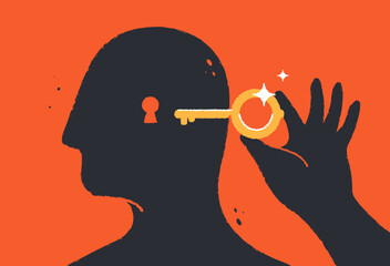 Psychology, therapy, mental health. Human head with a keyhole and key. Self-help, open mind, inner world, philosophy concept. Self discovery. Abstract minimalist isolated vector illustration