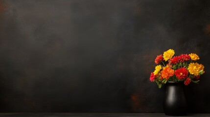 Fototapeta premium Autumnal Bouquet: Vibrant Flowers in Black Vase Against Dark Background