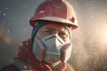 Fototapeta premium A construction worker wears a protective mask and helmet, surrounded by dust particles in a work environment.