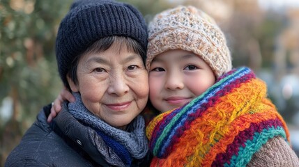 A boy gently hugged his grandma after she knitted him a colorful scarf for the cold season