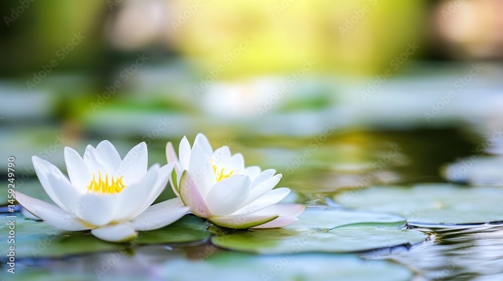 Poster two pristine white water lilies float serenely on a calm pond, their petals reflecting sunlight, cre
