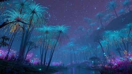 Fototapeta premium Forest landscape with glowing trees and plants under a starry night sky.
