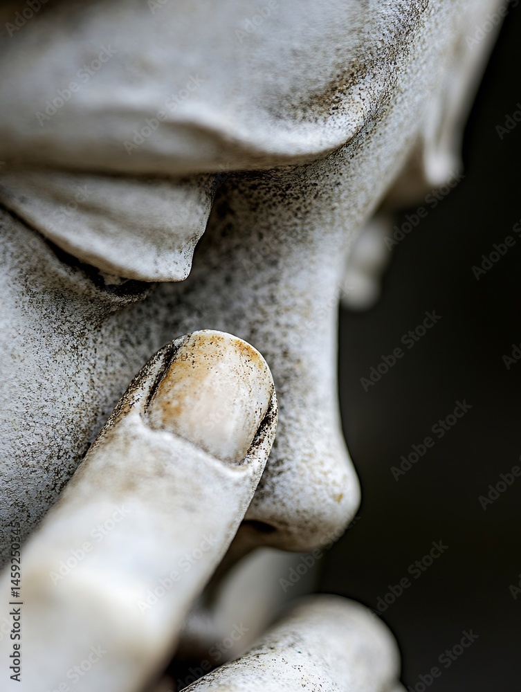 Poster close-up of a weathered stone statue, depicting a sorrowful figure with hands clasped in prayer, sho