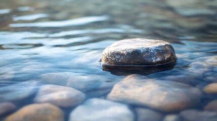 A single, dark grey rock partially submerged in clear, shallow water, surrounded by smooth, light-colored river stones; serene, tranquil scene. : Generative AI