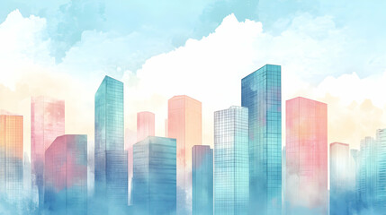 Modern Cityscape with Abstract Buildings and Colorful Skies Above