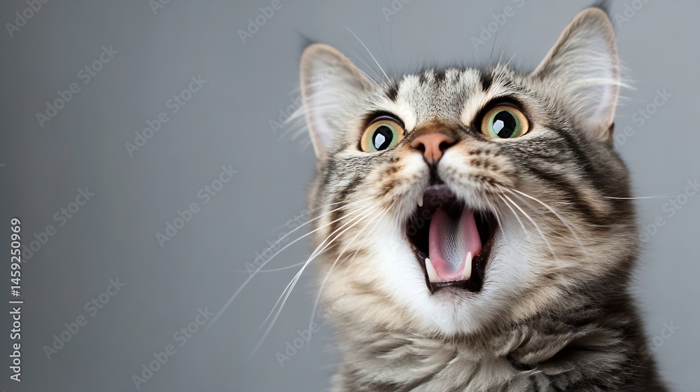 Poster close-up portrait of a tabby cat with its mouth open, showing its teeth and tongue, against a neutra