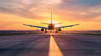 Fototapeta premium Airplane landing on runway at sunset, viewed from the ground, showcasing the aircraft's undercarriage and the vibrant orange and yellow hues of the sky. : Generative AI
