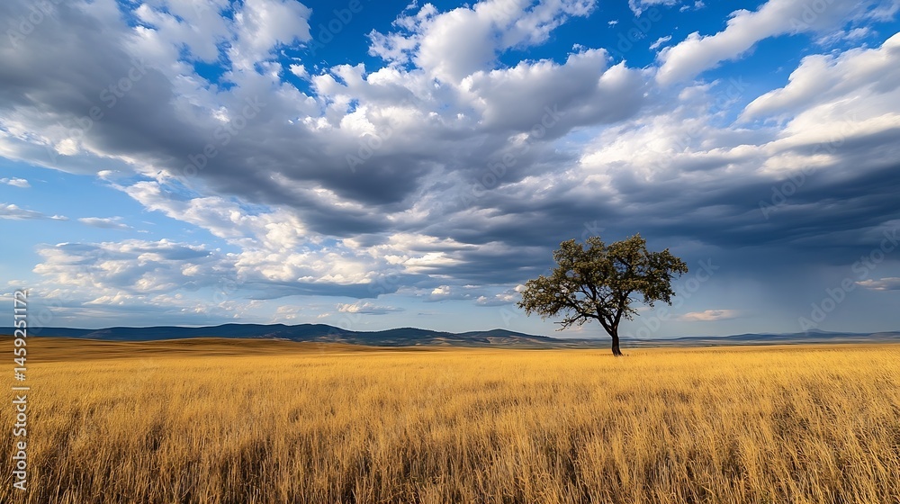 Aufkleber lone tree standing in a vast golden wheat field under a dramatic sky with fluffy cumulus clouds and 