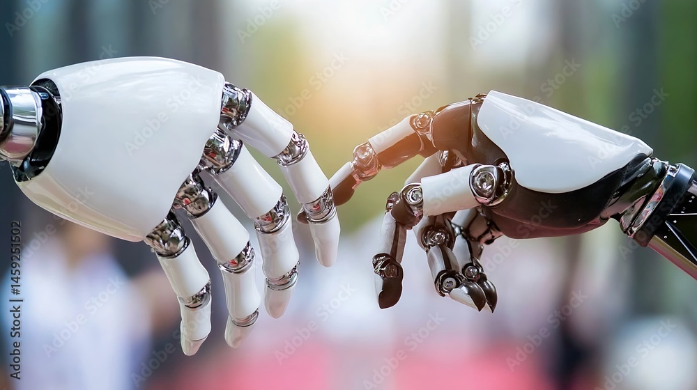 Poster Two robotic hands reach towards each other, fingers almost touching, against a blurred city background.  A futuristic concept of artificial intelligence and human connection. : Generative AI