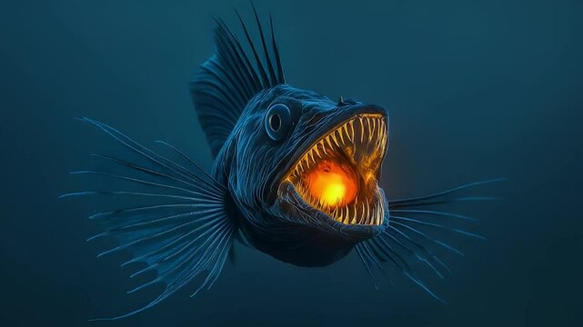 Deep-sea predator with bioluminescent lure.  Its gaping maw and sharp teeth are highlighted against a dark blue backdrop