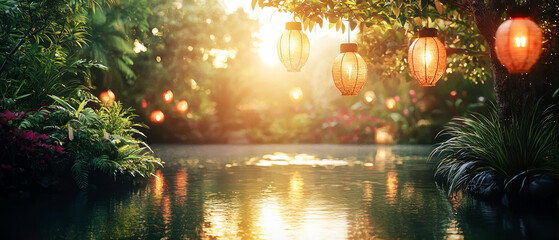 Obraz premium Romantic glowing lanterns hanging over a peaceful lake surrounded by nature at sunset. Fantasy, meditation, mindfulness, or magical storytelling scenes.