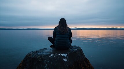 Woman sits on a rock overlooking a calm lake at sunset, mountains in the distance.  Serene, peaceful atmosphere. : Generative AI