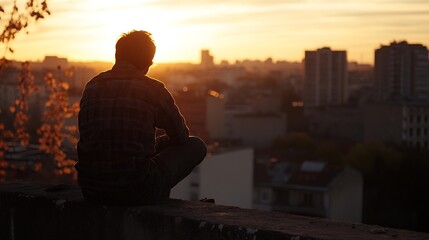 Fototapeta premium Silhouette of a young man sitting on a wall at sunset, overlooking a cityscape. He gazes at the golden hour light over the buildings and distant horizon. : Generative AI