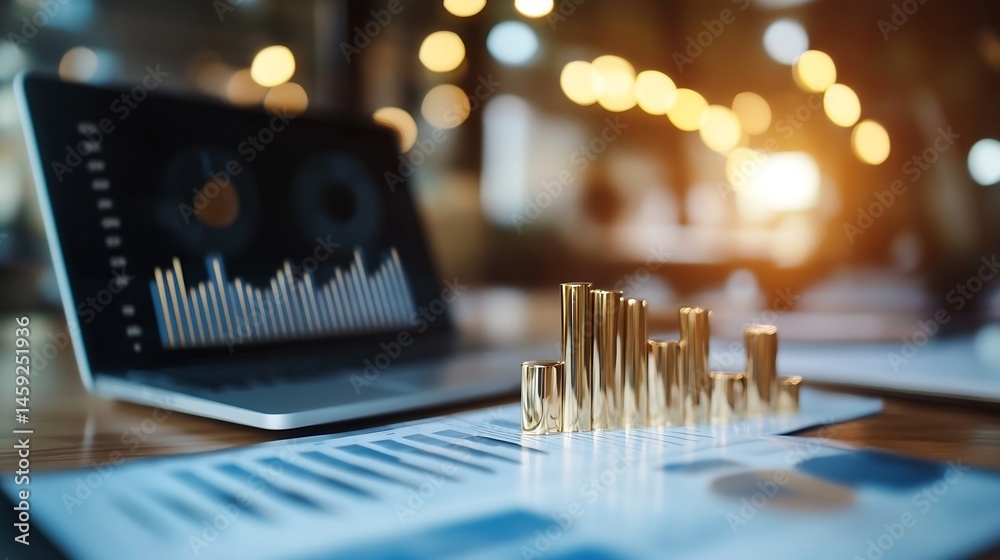 Poster Golden bars graph on financial report near laptop screen showing charts, symbolizing business growth and success in a modern office setting. : Generative AI