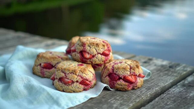 Freshly baked strawberry scones arranged on a rustic wooden table by a serene lakeside - skones scones