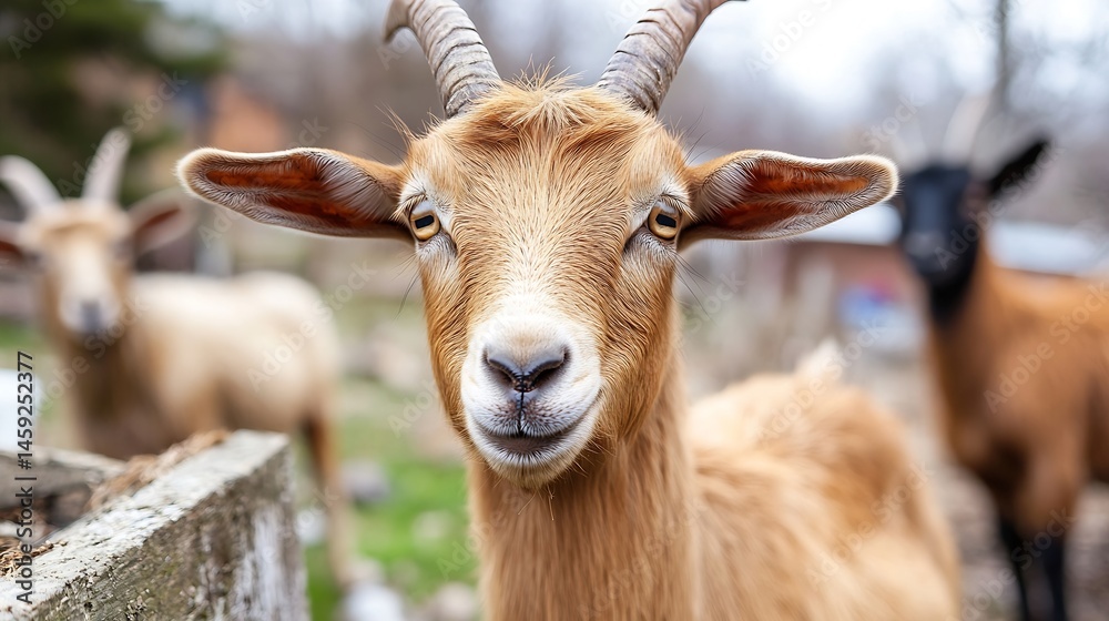 Poster Close-up portrait of a curious light brown goat with horns, looking directly at the camera.  Two other goats are visible in the soft-focus background. : Generative AI