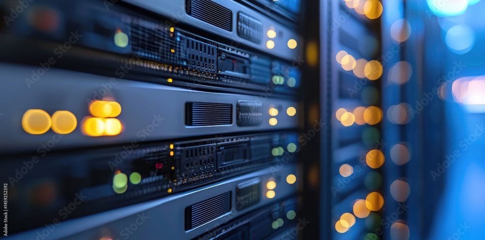 Poster Close-up of modern server rack with illuminated indicators and blurred data lights in a secure data center, ideal for IT, cybersecurity, and tech-related content