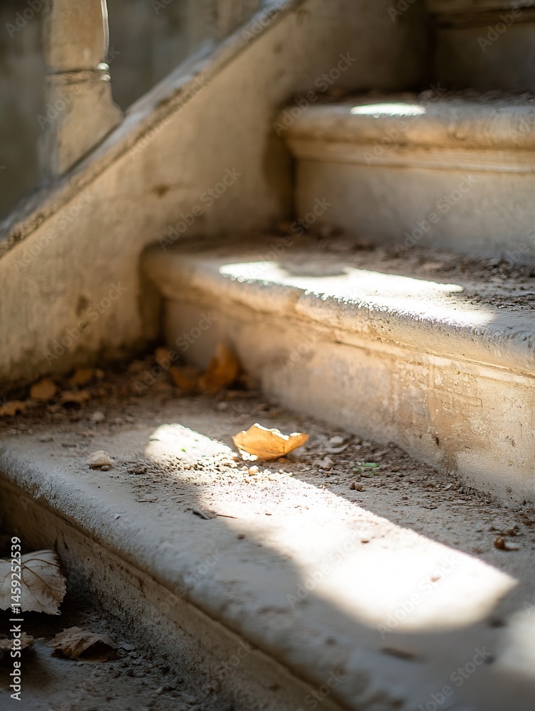 Poster sunlight illuminates weathered stone steps, autumn leaves scattered on the worn surface. a tranquil 
