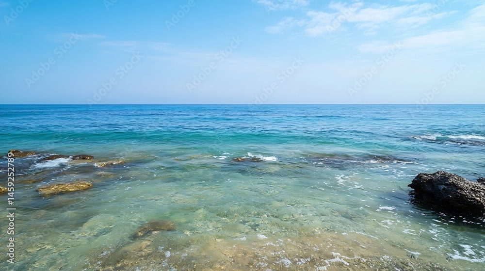 Poster serene coastal scene featuring clear turquoise water gently lapping against sunlit rocks under a vib