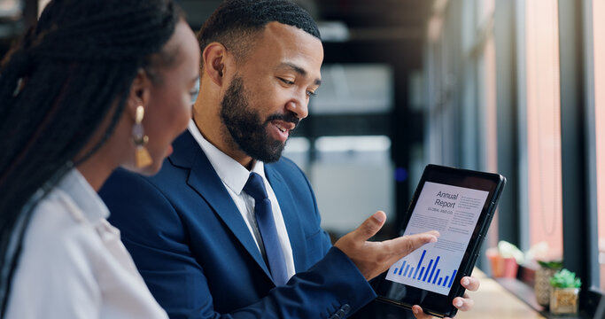 Tablet, screen and people in meeting with graphs for annual report, business statistics and research team. Information, point at global data with online analysis or review for corporate collaboration - Powered by Adobe
