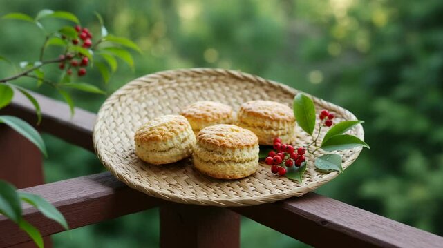 Freshly baked scones arranged on a woven basket with vibrant green foliage in the background - skones scones