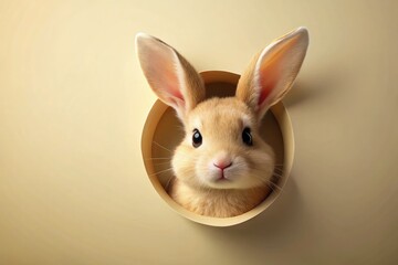 Obraz premium 3D Rendered Easter Bunny Peeking, Cream Background, Easter Bunny Hole, Spring Holiday, Cute Bunny, Easter Decoration