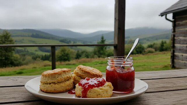 Freshly baked scones with jam on a plate, overlooking a misty green landscape in the background - skones scones