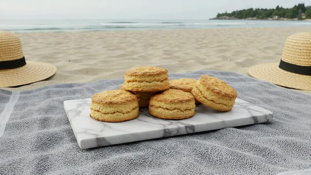 Freshly baked scones arranged on a marble board, set against a serene beach backdrop at dawn - skones scones