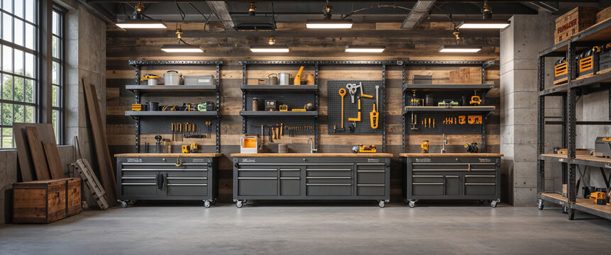 Modern workshop interior with tool storage cabinets shelves and well organized tools display