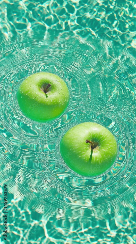 Poster Two green apples float gently on turquoise water, creating concentric ripples.  The vibrant colors and serene scene evoke a sense of calm and freshness.