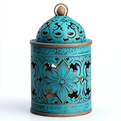 Teal Blue Metal Lantern with Floral Cutouts and Distressed Finish