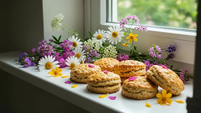Freshly baked scones arranged on a windowsill surrounded by vibrant flowers and greenery - skones scones