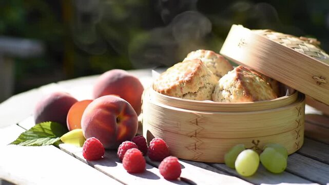 Freshly baked scones in a bamboo steamer surrounded by ripe peaches, raspberries, and grapes outdoors - skones scones