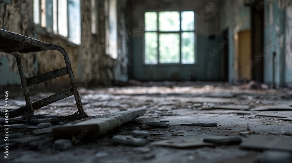 Poster a broken, rusty metal bench sits in a dilapidated, abandoned room, its floor cracked and strewn with