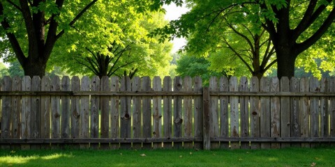 Fototapeta premium Wooden fence separating a verdant lawn from a sun-dappled grove of trees