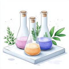 Three Colorful Liquids in Erlenmeyer Flasks with Herbs