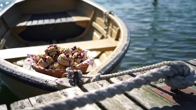 A serene boat floating on calm water, adorned with a basket of freshly baked scones under sunlight - skones scones