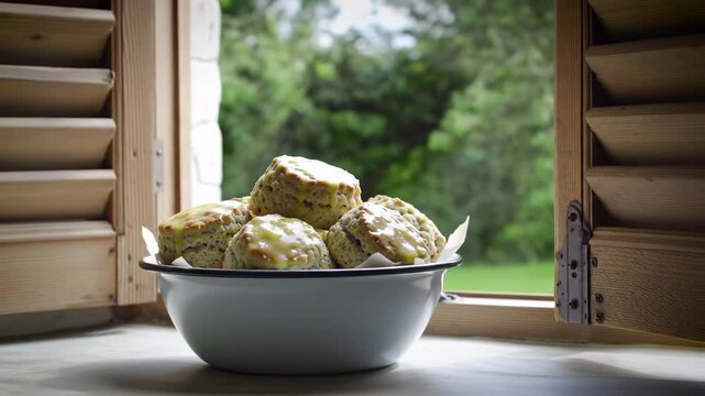 Freshly baked scones in a bowl on a windowsill with green garden view and natural light - skones scones