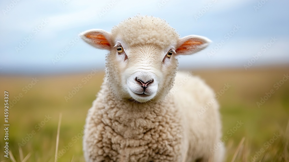 Poster Close-up portrait of a young, fluffy lamb standing in a grassy field, its soft wool and curious gaze creating a charming image. : Generative AI