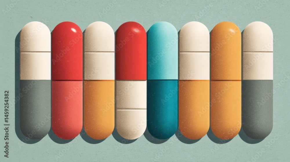Poster retro medical poster featuring a minimal layout of colorful capsules designed for health awareness a