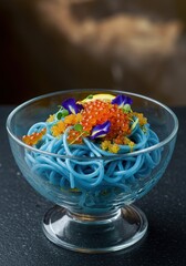 Icy Blue Butterfly Pea Sōmen Noodles with Citrus Caviar Pearls